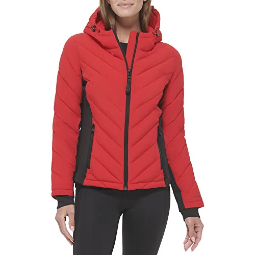 Calvin Klein Women's Scuba Side Panel and Sleeve Detail Adjustable Hood Zip Pocketspuffer, Mandarin Red, Medium