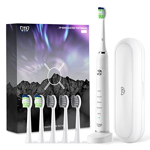 JTF Sonic Electric Toothbrush - with Travel Case and 6 Brush Heads, Fast Charging toothbrushes for 60 Days Long Lasting, 5 Modes Power Toothbrush for Women, White