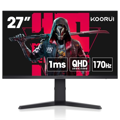 KOORUI Monitor, 27' QHD IPS Gaming Monitor, 170Hz, 1ms, HDR400, Compatibility G-Sync and FreeSync, Tilt Pivot Swivel Vertical Height Adjustable，2 HDMI 2.0 & 1 DisplayPor 1.2, 27E3Q, Black