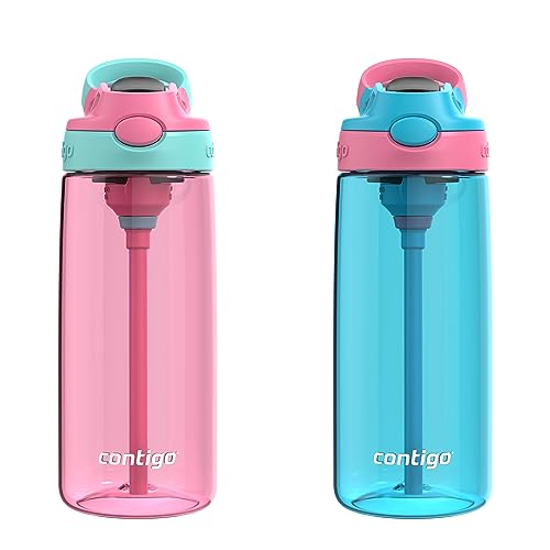 Contigo Aubrey Kids BPA-Free Water Bottle with Silicone Straw, Spill-Proof Lid, Dishwasher Safe, 20oz 2-Pack, Suitable for 3+ Years, Azalea/Jade & Blue Raspberry/Azalea