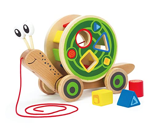 Award Winning Hape Walk-A-Long Snail Toddler Wooden Pull Toy, L: 11.9, W: 4.4, H: 7.3 inch