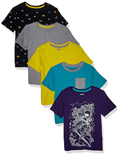 Amazon Essentials Boys' Short-Sleeve T-Shirts (Previously Spotted Zebra), Pack of 5, Black/Blue/Yellow/Numbers, Small