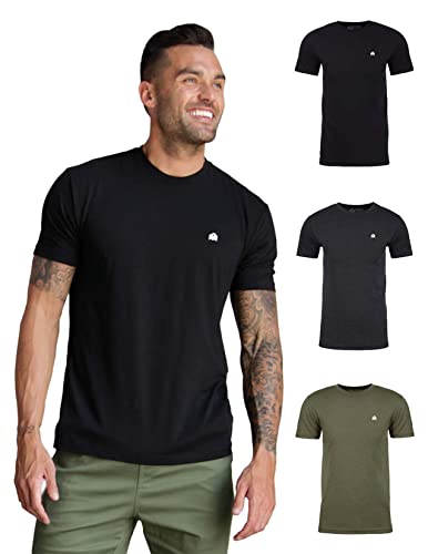 INTO THE AM Men's Fitted Crew Neck Logo Basic Tees 3-Pack - Modern Fit Fresh Classic Short Sleeve T-Shirts for Men (Black/Charcoal/Olive Green, Medium)