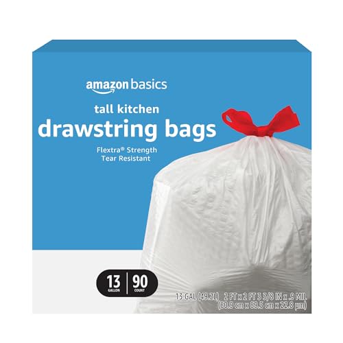 Amazon Basics Flextra Tall Kitchen Drawstring Trash Bags, Unscented, 13 Gallon, 90 Count, Pack of 1