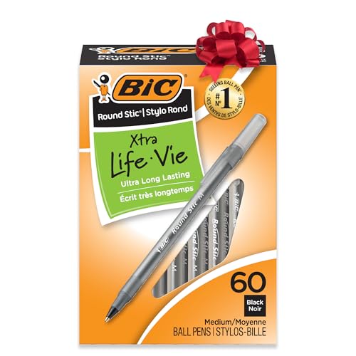 BIC Round Stic Xtra Life Ballpoint Pens, Medium Point (1.0mm), Black, 60-Count Pack, Flexible Round Barrel For Writing Comfort, Perfect Teacher Appreciation Gifts