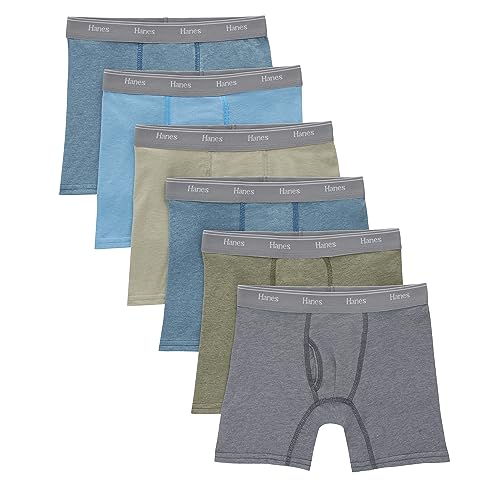 Hanes Boys' Big Originals Boxer Briefs, Stretch Cotton Underwear, Assorted, 6-Pack, Tan/Blue Oasis/Cargo Olive/Grey-6 Pack, Large