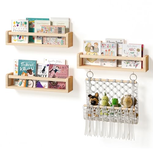 BBLIKE Nursery Book Shelves Set of 3 - Floating Shelves for Wall with Stuffed Animal Net, Wood Wall Mounted Shelves, Hanging Nursery Furniture for Toy Storage and Playroom, Kids Room, Nursery Decor