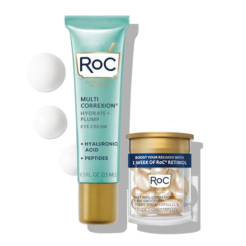 RoC Multi Correxion Hyaluronic Acid Anti Aging Under Eye Cream for Puffiness & Dark Circles (.5 OZ) + RoC Retinol Capsules (7 CT), Skin Care Routine, Fragrance & Paraben Free for Women and Men