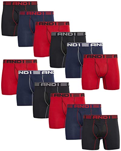 AND1 Men's Underwear Boxer Briefs - 12 Pack Performance Stretch Compression Boxers for Men with Functional Fly Pouch (S-3XL), Size Large, Black/Navy Blue/Red