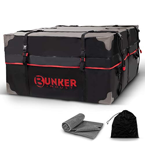 BUNKER INDUST Car Rooftop Cargo Carrier Bag, 20 Cubic Ft Heavy Duty RoofBag Waterproof Luggage Van Car Top Carrier with Anti-Slip Mat for All Vehicles with or Without Rack Crossbars