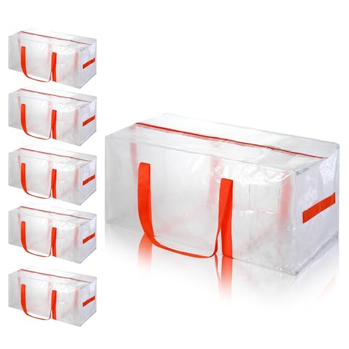 huichuan 6 Pcs Reusable Clear Large Moving Bags, Thick Material Storage Bags with Orange Side Handles & Tag Pocket, 28.7'x14.2'x13' Storage Totes for Clothes Storage, College Dorm, Moving Supplies