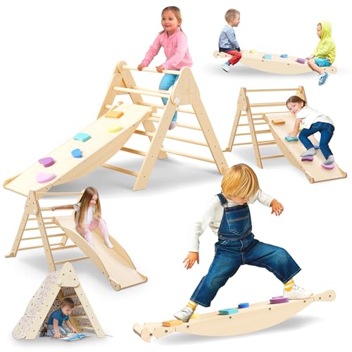 6 in 1 Toddler Climbing Toys Indoor - Safe Montessori Climbing Set with Foldable Pikler Triangle Ladder, Reversible Baby Climber Indoor Gym Rock, Kids Climbing Toys - Toddler Indoor Playground