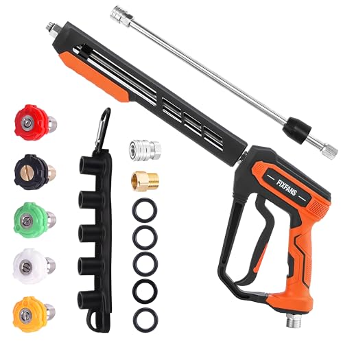 FIXFANS Pressure Washer Gun Kit, 5000PSI Power Washer Handle Gun with Replacement Wand Extension, High Pressure Spray Gun with 5 Nozzle Tips, M22 Fitting, 1/4' Quick Connect Female