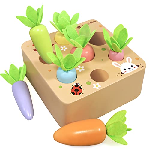 KMTJT Montessori Toys for 1 2 3 Year Old Toddlers, Macron Carrot Harvest Game Wooden Toys for Baby Boys and Girls, Educational Learning Shape Sorting Matching Gifts for Babies 1-3