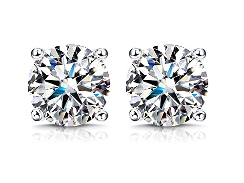 GEMQUEEN Moissanite Stud Earrings 18K White Gold Plated Hypoallergenic Sterling Silver Stud Earrings with Silicone Back Lab Created Diamond Earrings 1ct2ct DF Color Brilliant Round Cut Moissanite