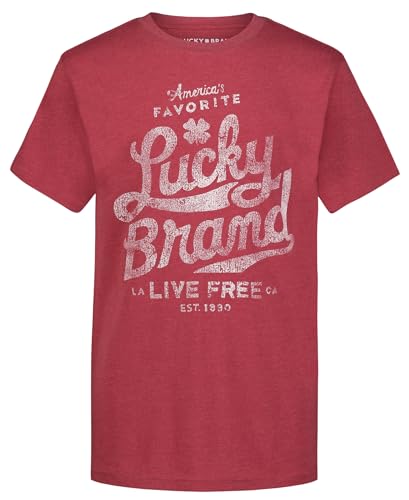 Lucky Brand Boys' Short Sleeve Graphic Crew Neck T-Shirt, Soft, Comfortable, Relaxed Fit, Favorite Punch Heather