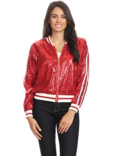 Anna-Kaci Womens Long Sleeve Front Zip Track Stripe Sequin Bomber Jacket, Red, Medium