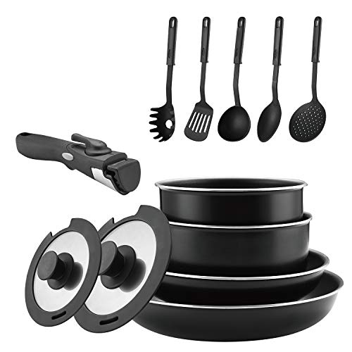 Abizoe Non-Stick Cookware Set - Pans and Pots with Removable Handles, Space Efficient Excellent for RVs and Compact Kitchen (Black 12 pieces)