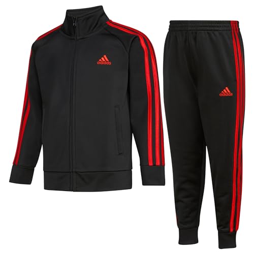 adidas Boys 2 Piece Classic Tricot Track Set, Black With Bright Red, 7