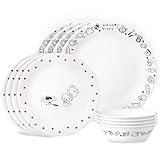 Corelle Vitrelle Hello Kitty 12-PC Dinnerware Set, Service for 3, Triple Layered Glass, Anti-Chip Durable Lightweight Plate and Bowl Set