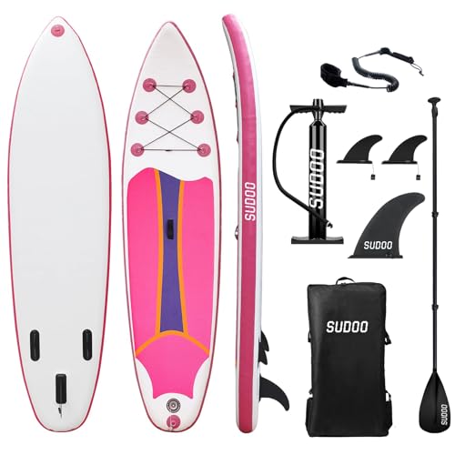 SUDOO SUP Stand Up Paddle Board 10ft Inflatable Paddle Boards 30' Wide 6' Thick for Adults & Youth with Backpack, Pump,Paddle,Coil Leash,Triple Fins(Pink)