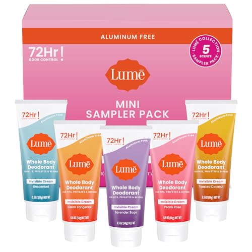 Lume Whole Body Deodorant 5 Pack Sampler - Invisible Cream Minis - 72 Hour Odor Control - Aluminum & Baking Soda Free (Clean Tangerine, Lavender Sage, Peony Rose, Toasted Coconut, Unscented)