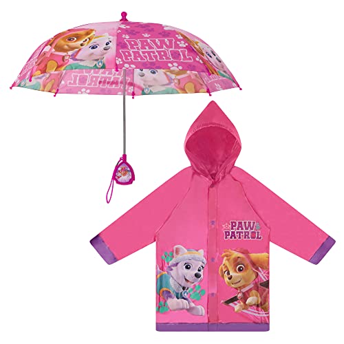 Nickelodeon Umbrella and Poncho Raincoat Set, Paw Patrol Girls Rain Wear for Toddler 2-3 Or Kids 4-7, Dark Pink, 4-5 Years