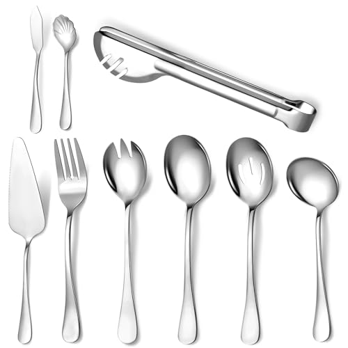 Keyoxy Stainless Steel Serving Utensil, 9 Pcs Catering Serving Utensils Set with Large Serving Spoon,Slotted Spoons,Forks,Soup Ladle,Serving Tongs,Pie Server,Butter Knife for Parties,Kitchen,Buffet