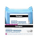 Neutrogena Cleansing Fragrance Free Makeup Remover Face Wipes, Cleansing Facial Towelettes for Waterproof Makeup, Alcohol-Free, Unscented, 100% Plant-Based Fibers, Twin Pack, 2 x 25 ct