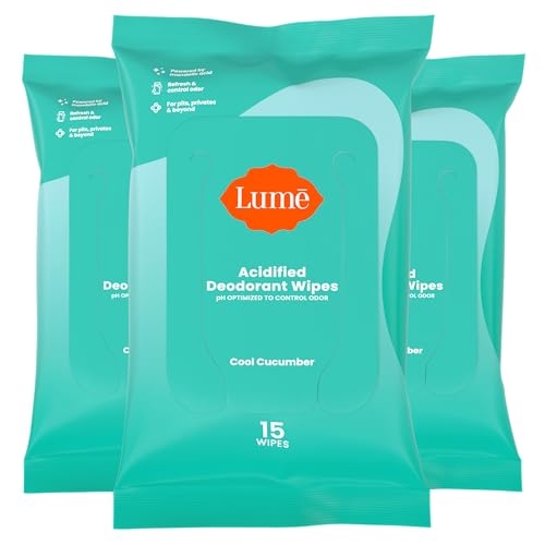 Lume Acidified Deodorant Wipes - 24 Hour Odor Control - Aluminum Free, Baking Soda Free, Skin Loving - 15 Count (Pack of 3) (Cool Cucumber)