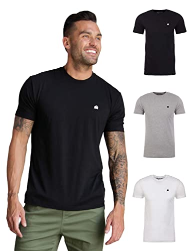 INTO THE AM Men's Fitted Crew Neck Logo Basic Tees 3-Pack - Modern Fit Fresh Classic Short Sleeve T-Shirts for Men (Black/Grey/White, Medium)