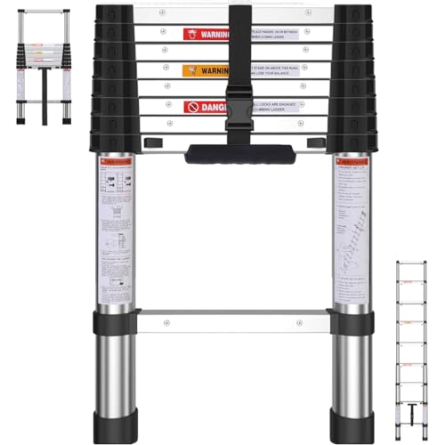 Telescoping Ladder, 8.5FT One Button Retraction Stainless Steel Telescopic Ladder with Non-Slip Feet, Slow Down Design Multi-Purpose Compact Collapsible Extension Ladder for Homeuse RV Attic