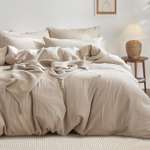 Bedsure 100% Washed Cotton Duvet Cover Queen - Warm Sand Minimalist Duvet Cover Set Linen Like - 3 Pieces Plain Simple Duvet Cover Set Gifts for Her (Warm Sand, Queen, 90'x90')