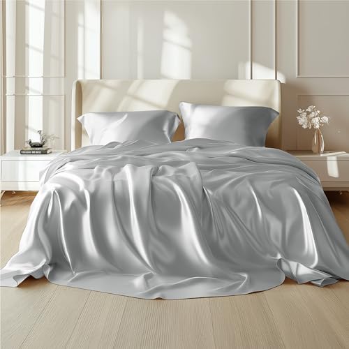 Bedsure Satin Sheets - Soft Satin Bed Sheets Queen Set, 4 Pcs Luxury Silky Sheets, Similar to Silk Sheets, Silver Grey Satin Sheets Queen Size for Hair and Skin, Gifts for Women