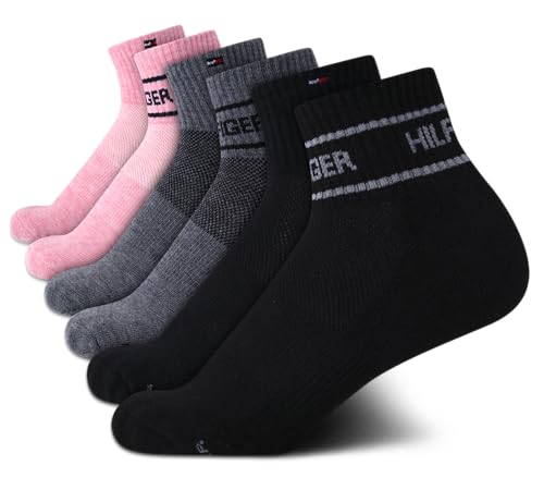 Tommy Hilfiger Women's Athletic Socks - 6 Pack Performance Cushion Quarter Cut Socks - Soft Ankle Socks for Women (Size 4-10), Size 4-10, Black/Grey/Pink