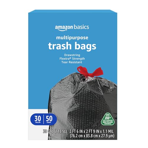 Amazon Basics Flextra Multipurpose Drawstring Trash Bags, 20% Post Consumer Recycled Content, 30 Gallon, 50 Count, Pack of 1