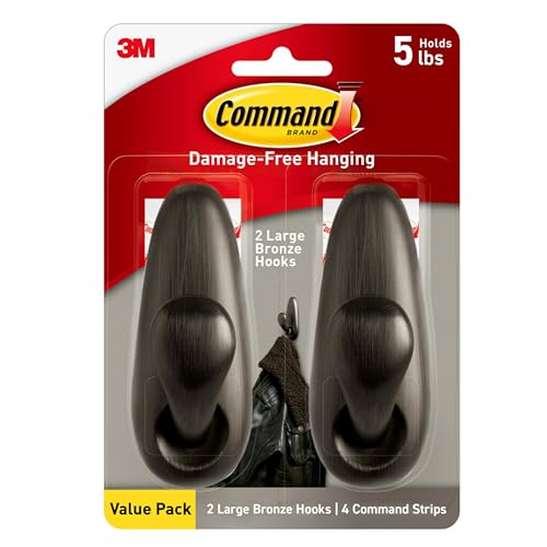 Command 5 lb Large Oil Rubbed Bronze Metal Hooks, 2 Hooks and 4 Command Strips, Damage Free Coat Hooks with Adhesive Strips, Forever Classic Hooks for Christmas Decorations