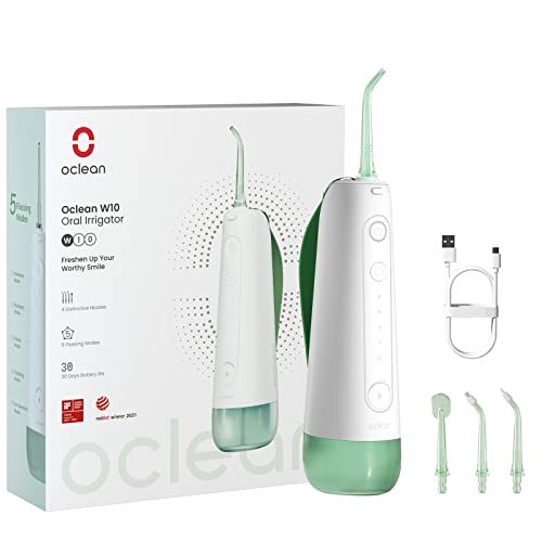 Cordless Water Flosser for Teeth Oclean W10, Portable Oral Irrigator with 5 Flossing Modes & 4 Replaceable Jet Tips, Rechargeable Waterproof IPX7, Quadpacer, Smart Timer, for Travel, Home, Brace Care