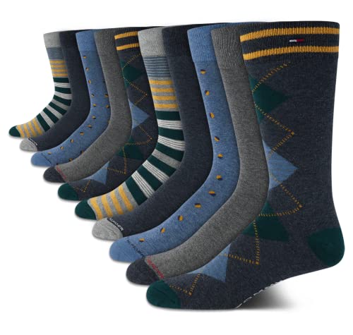 Tommy Hilfiger Men's Dress Socks - 10 Pack Lightweight Reinforced Heel Classic Crew Socks - Dress Socks for Men (7-12), Size 7-12, BlueGreenMulti