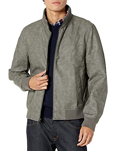 Tommy Hilfiger Men's Smooth Lamb Faux Leather Unfilled Bomber Jacket, Light Grey, MD