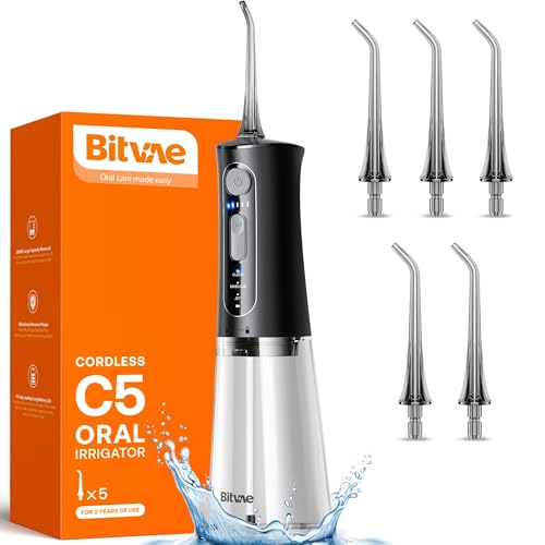 Bitvae C5 Water Dental Flosser for Teeth, Cordless Water Teeth Cleaner Picks, 3 Modes 5 Intensities, IPX7 Waterproof Water Flosser, 5 Tips Rechargeable Water Dental Picks for Cleaning - Black