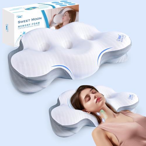 SWEET MOON-Cloud Contour Memory Foam Pillow,Ergonomic Design for Sleeping Comfortably and Reducing Snoring,Neck and Cervical Pillow with Pillowcase (White)