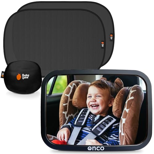 Onco Baby Car Mirror & Car Window Shades Bundle (18.9″ × 12″) - UPF 50+ Car Window Shade for Baby, 100% Shatter-Proof Car Mirror for Baby, Universal Shades & Baby Mirror for Car Journeys