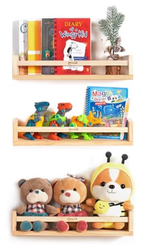 Nexzon Set of 3 Nursery Book Shelves with Booklet and Pen | 16.6' Kids Wall Bookshelves | Baby Nursery Shelves for Bedroom, Bathroom, Kitchen and Toy Storage (Pine Wood)