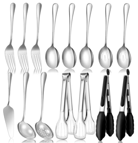 Serving Utensils Set for Partie, Silver Stainless Steel Metal Serveware Large Serving Spoons, Slotted Spoons, Forks, Tongs, Soup and Skimmer Spoon, Cake Server for Buffet, Catering, Entertaining 15pcs