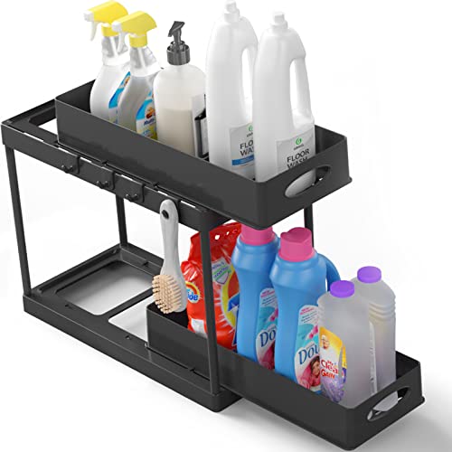 SISETOP Under Sink Organizers and Storage, 2 Tier Under Sink Organizer, Sliding Bathroom Countertop Organizer, Pull Out Under Sink Storage with 4 Hooks & 2 Drawers for Bathroom, Kitchen, Home, Cabinet