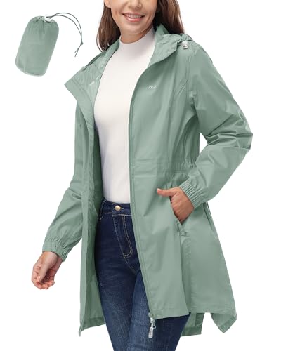 33,000ft Women's Waterproof Long Rain Coats Packable Rain Jacket with Hood Trench Coats Windbreaker