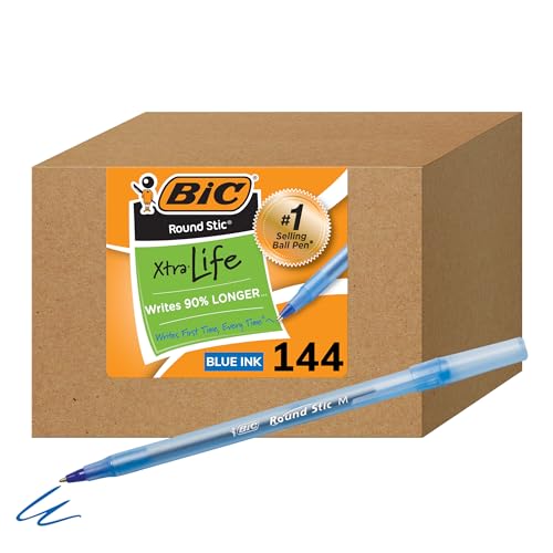 BIC Round Stic Xtra Life Blue Ballpoint Pens, Medium Point (1.0mm), 144-Count Pack of Bulk Pens, Flexible Round Barrel for Writing Comfort, No. 1 Selling Ballpoint Pens