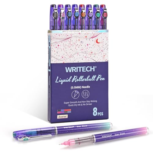 WRITECH Liquid Ink Rollerball Pens: 8ct Assorted Colors Extra Fine Point Tip 0.5mm Rolling Pen for Smooth Writing Coloring Drawing Journaling No Bleed & Smear &Smudge Multi Colored