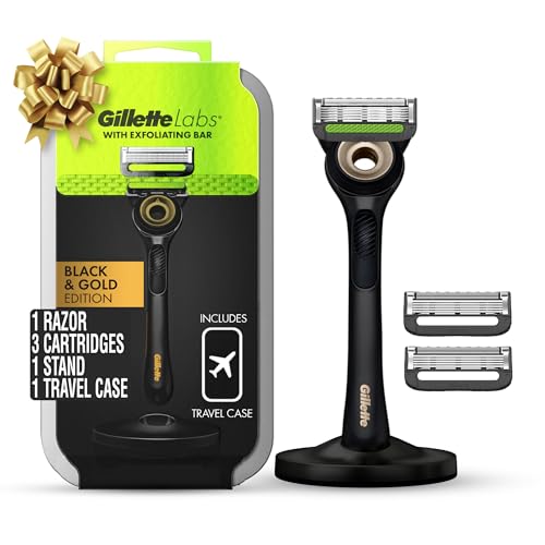 GilletteLabs with Exfoliating Bar by Gillette Mens Razor, Gold Edition, and Travel Case, Holiday Gifts for Men